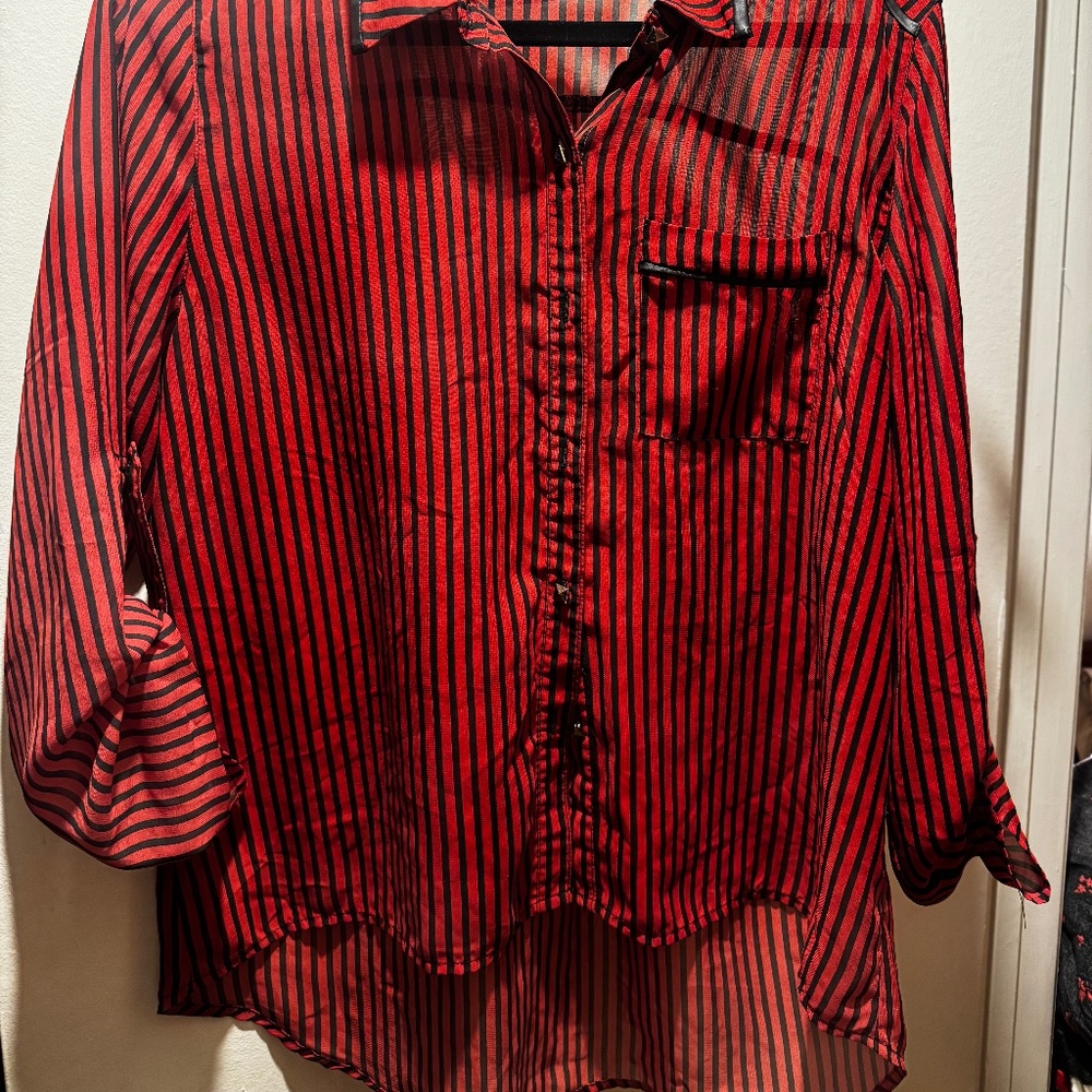 Red & Black sheer top with embellishments, size large